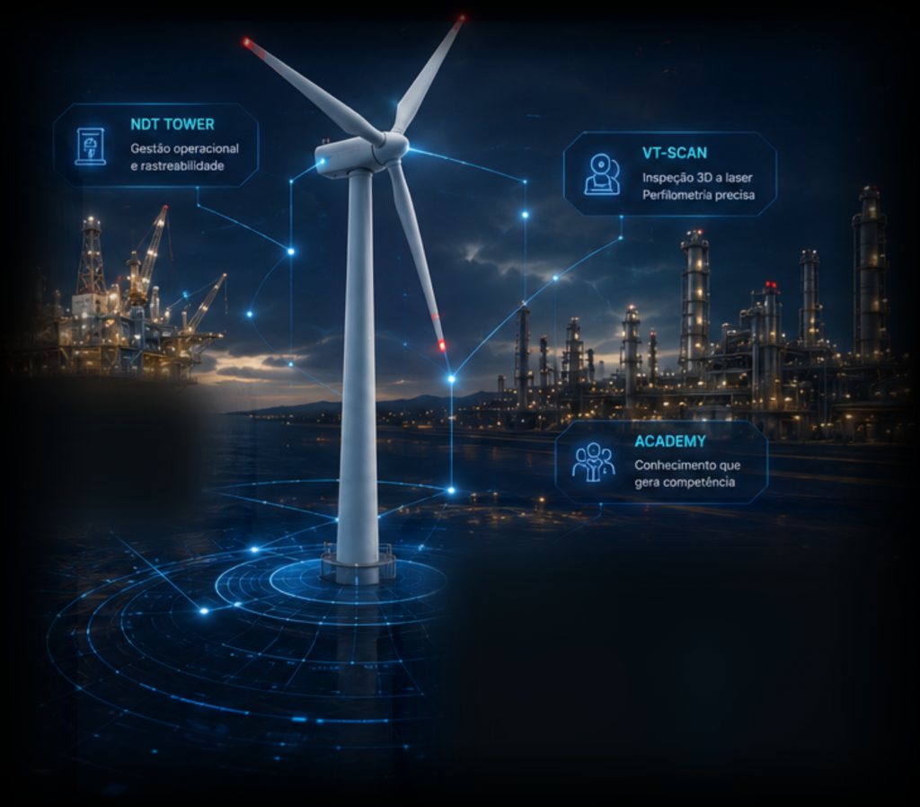 Composição conceitual do ecossistema INDCORE: uma estrutura de geração de energia ao centro, ligada por linhas luminosas a painéis que identificam NDT Tower, VT-SCAN e Academia, sobre um parque industrial noturno.